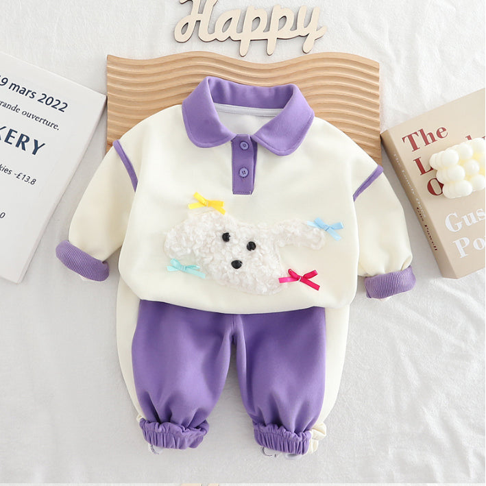 Poodle Patch Sweatshirt & Jogger Pants Childrenβs Outfit β Pink, Purple or Brown (1-5 Years)